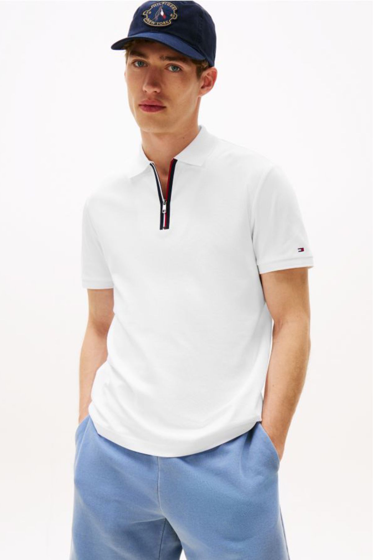Tommy Hilfiger Erkek Interlock Zip Polo - Beyaz