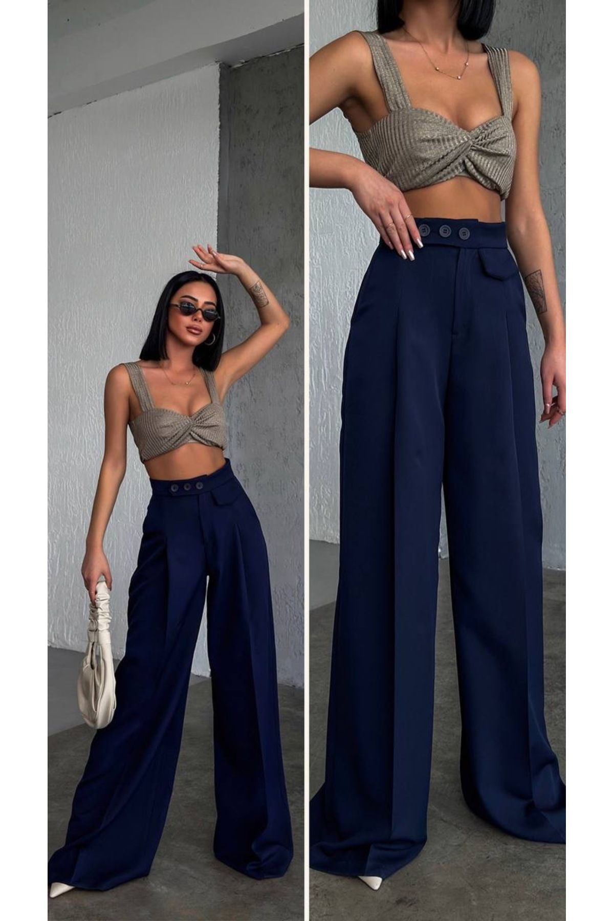 moda paketi Palazzo Pantolon Üç Düğme DetaylI