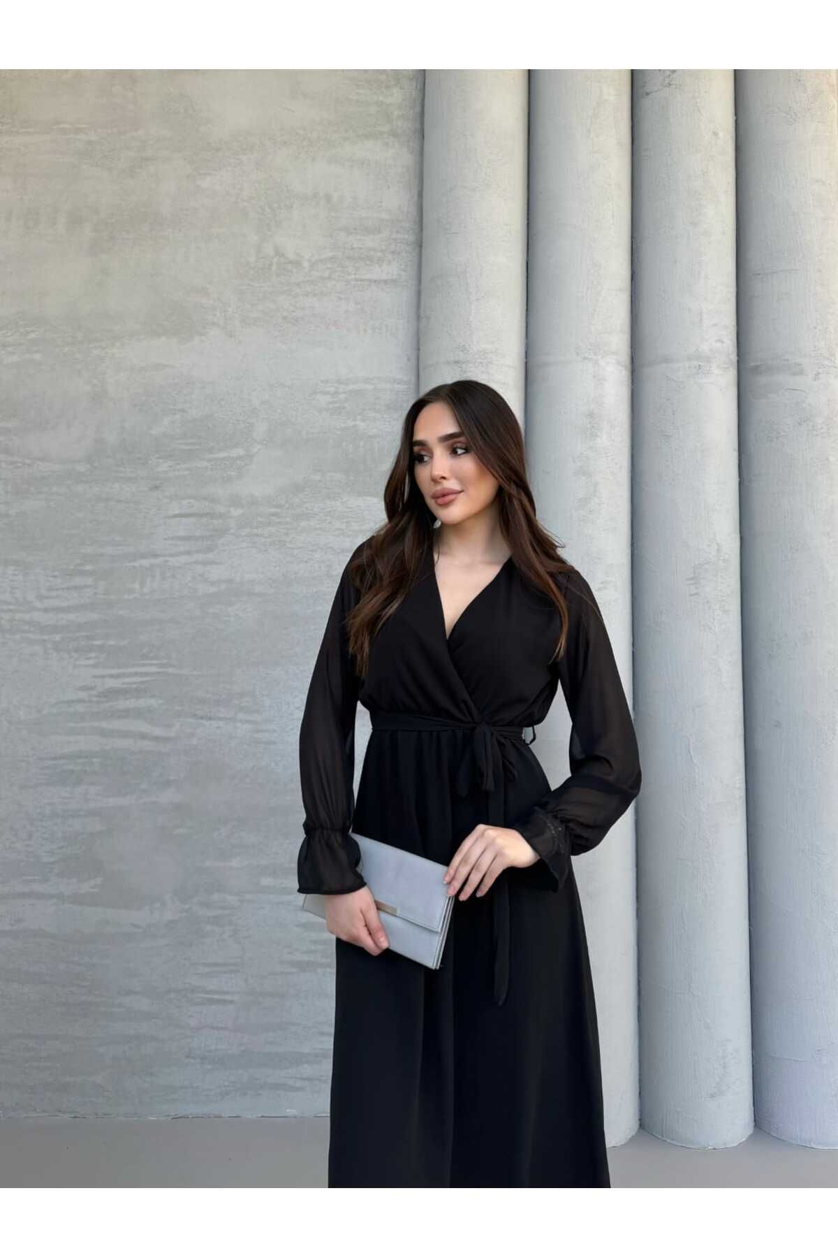 MitraMina Kruvaze Yaka Kuşak Detay Astarlı Şifon Elbise