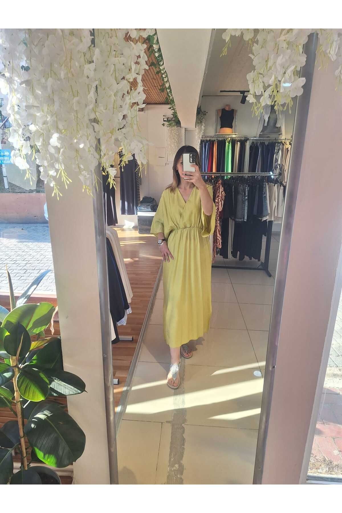 nil butik 48 Yarasa kol belden lastikli yağ yeşili elbise