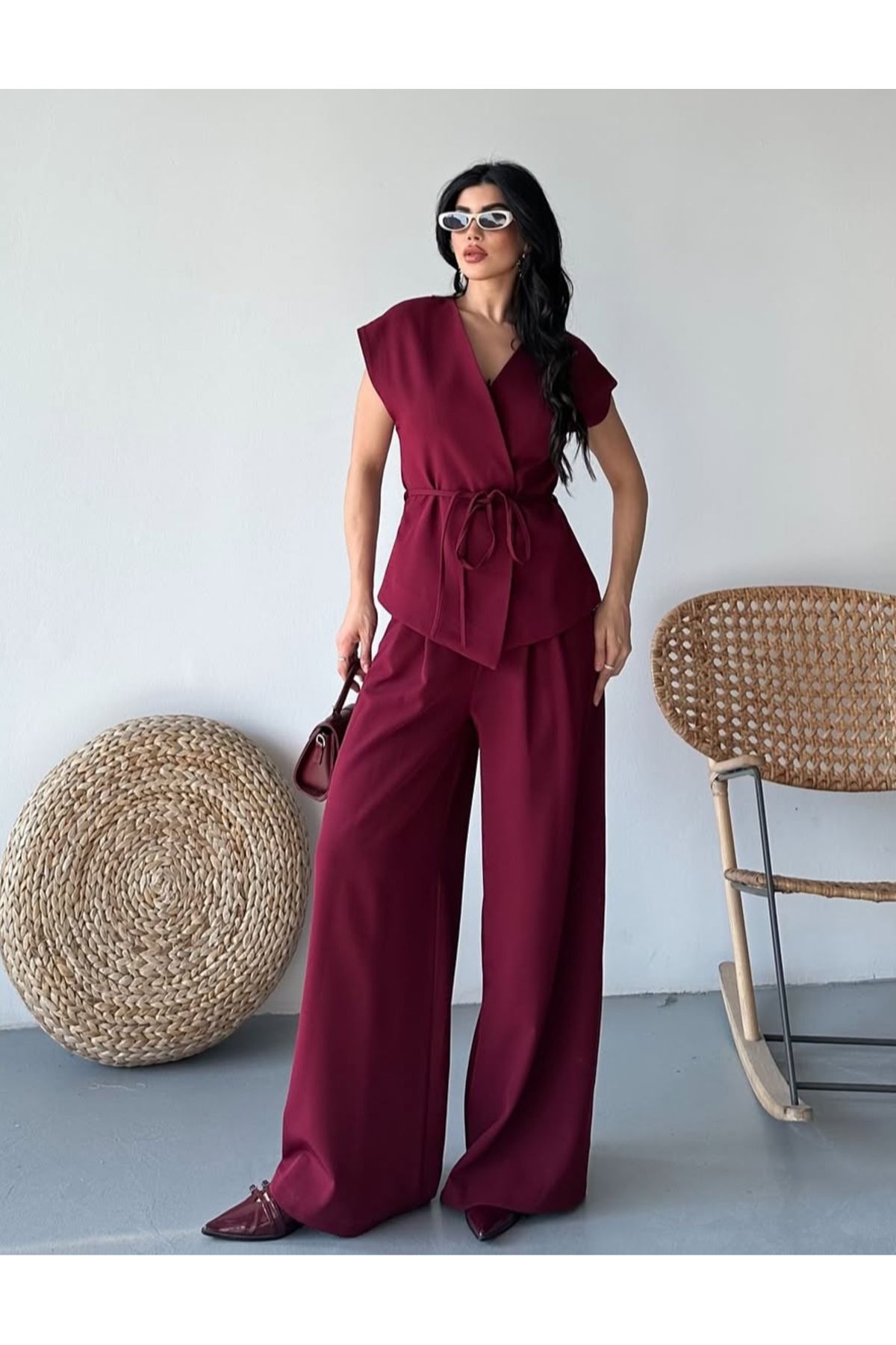 pembekurdelem Kadın Oversize Bağlamalı Yelek Pantolon Takım Bordo