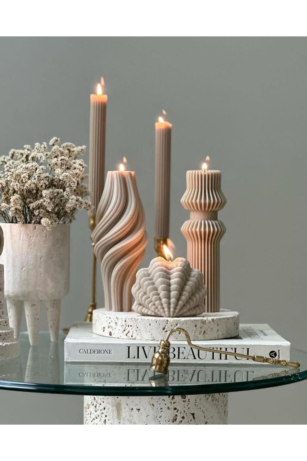 SCA CANDLE Dekoratif mum Vazo+Deniz Kabuğu +Çizgili Şamdan Mum +ikili Yuvarlak Toplam 5 Parça