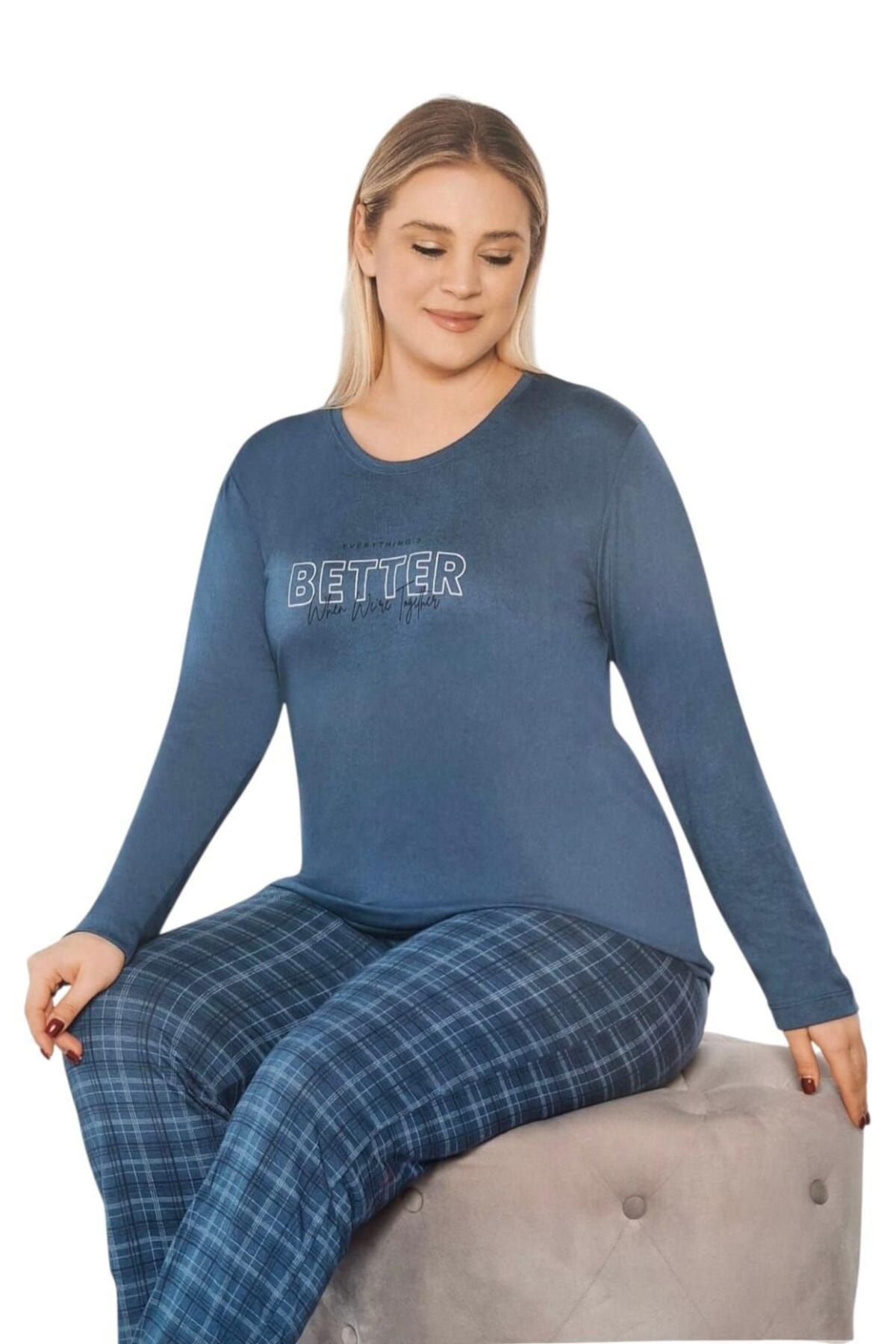 Alperi Büyük Beden Yazlık Uzun Kol Pijama Takımı