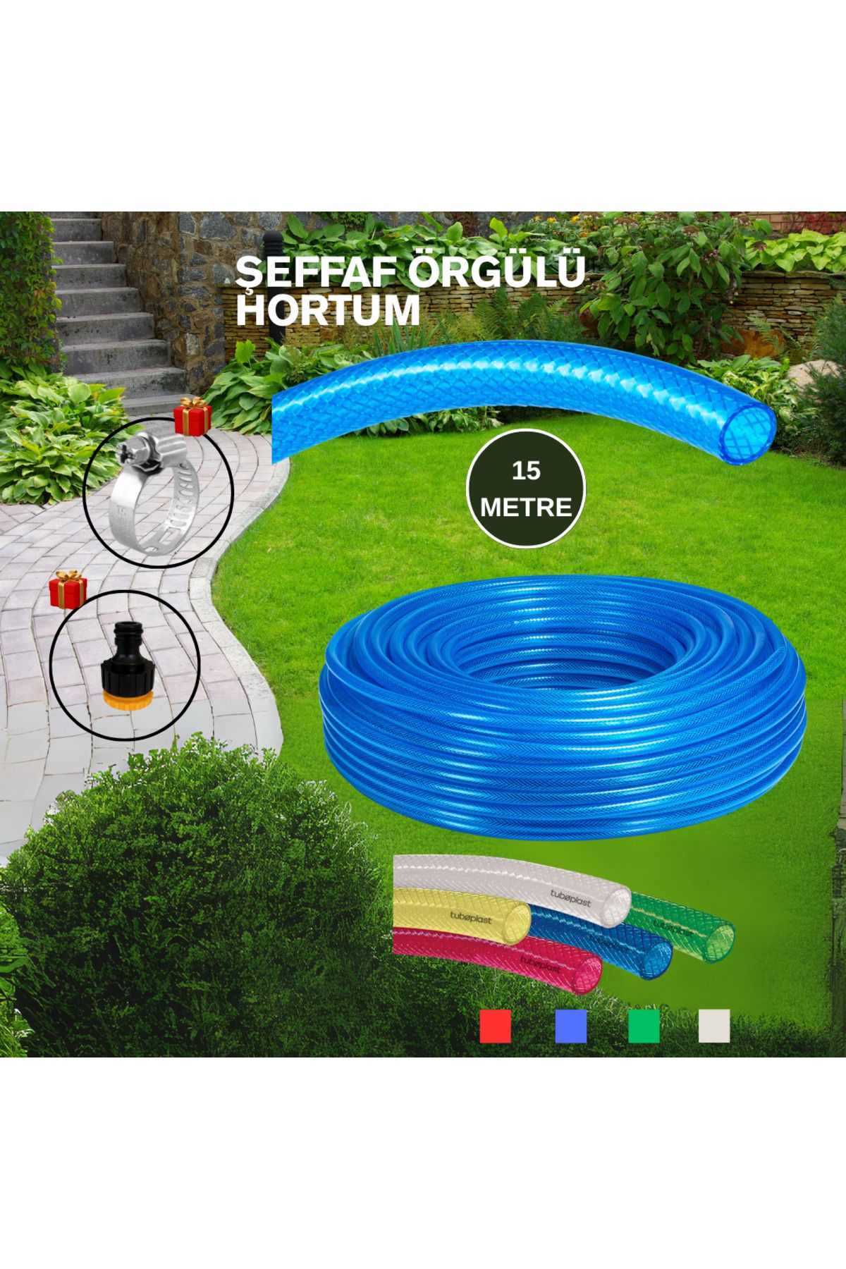 Sertsan Şeffaf Örgülü Hortum 15 Metre + HEDİYE Musluk Aparatı & Kelepçe