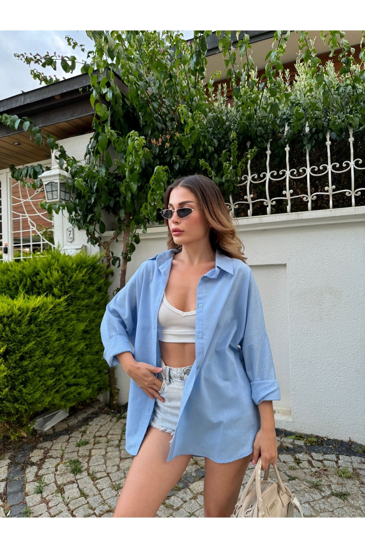 HW Hills Woman Kadın Bebe Mavi Renk tek cepli %100 keten oversize gömlek