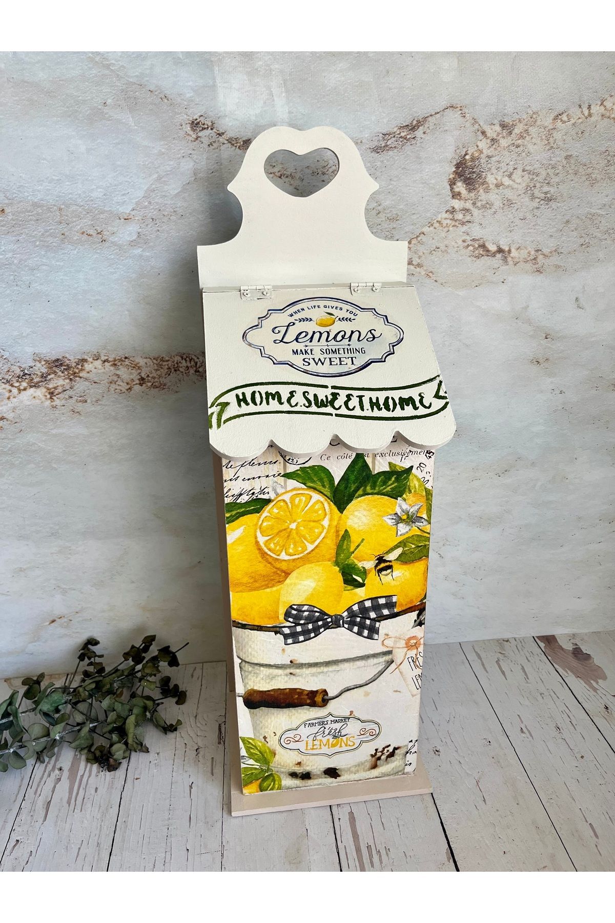 Bypinaryuksel Limon Desenli ,Ahşap Poşetlik,Poşet Saklama Kutusu