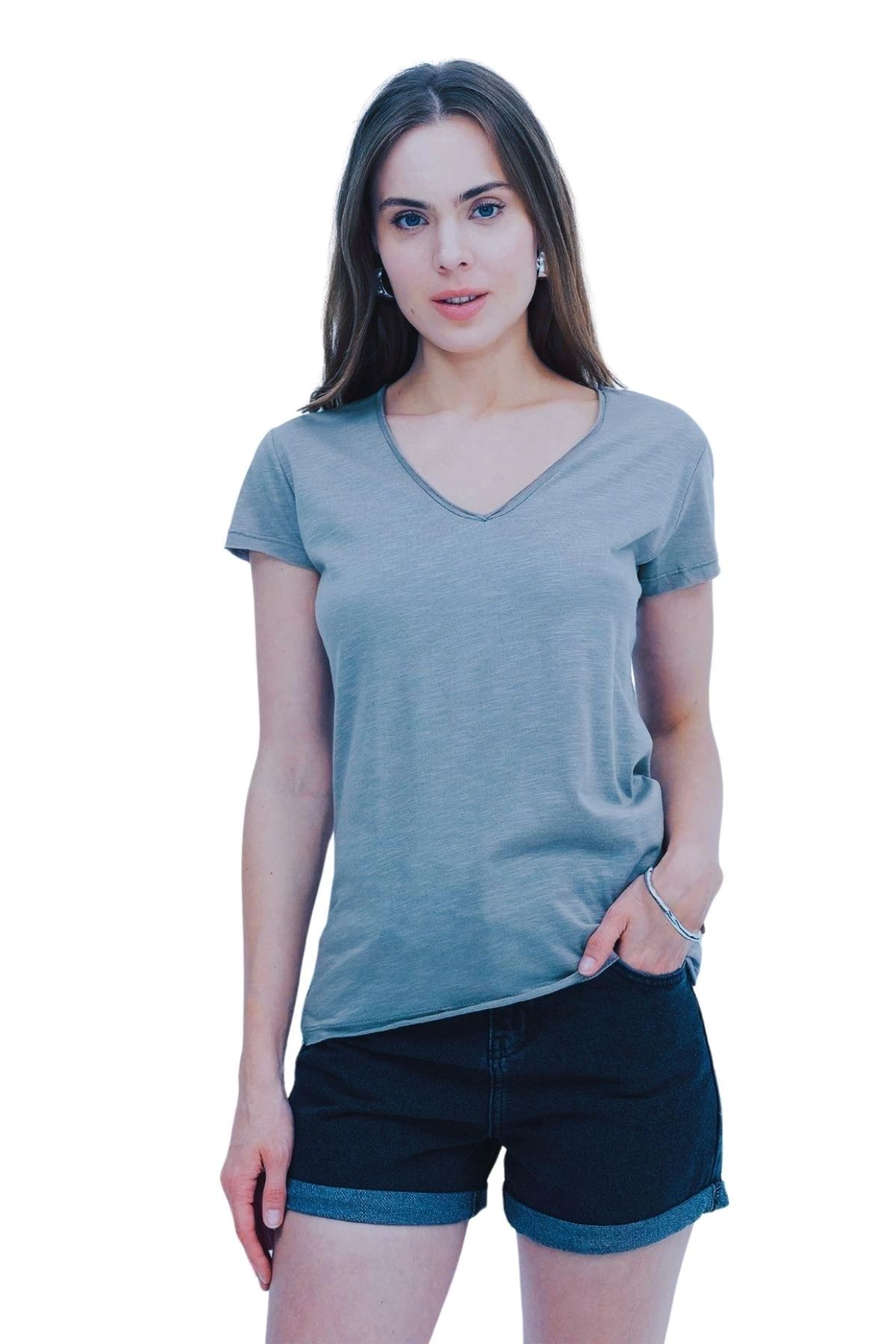 Tam12den Home Kadın V Yaka Basic Pamuklu T-Shirt Soluk Mavi
