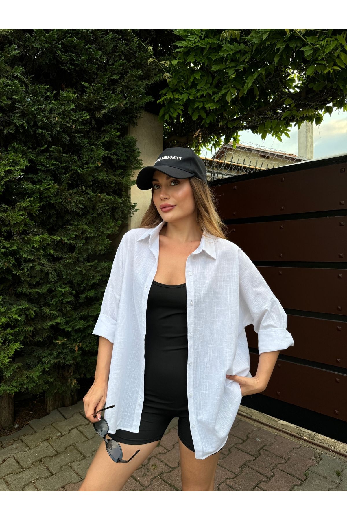 HW Hills Woman Kadın Beyaz Renk tek cepli %100 keten oversize gömlek