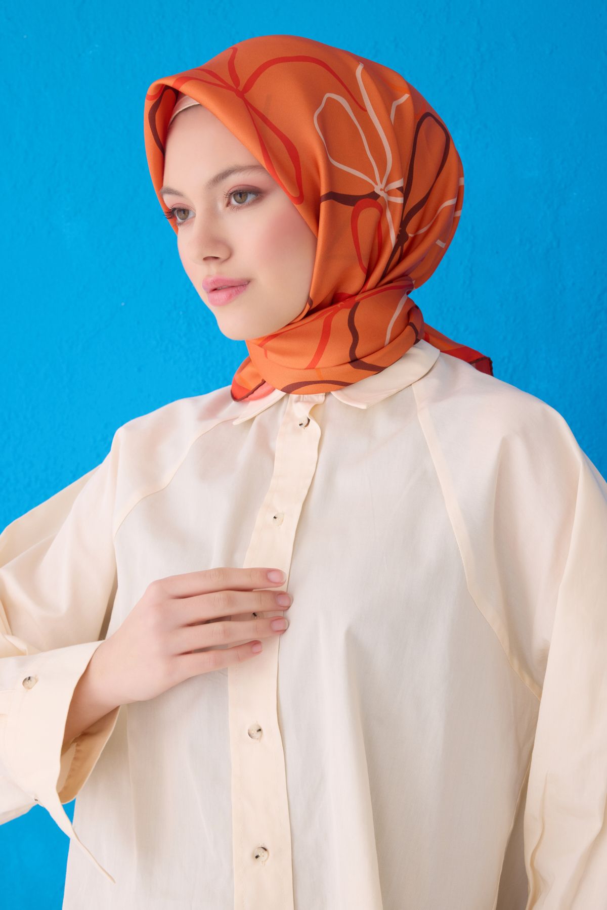 Belli Twill İpek Eşarp 4113D Çizgili Desen Turuncu-Çok Renkli-81