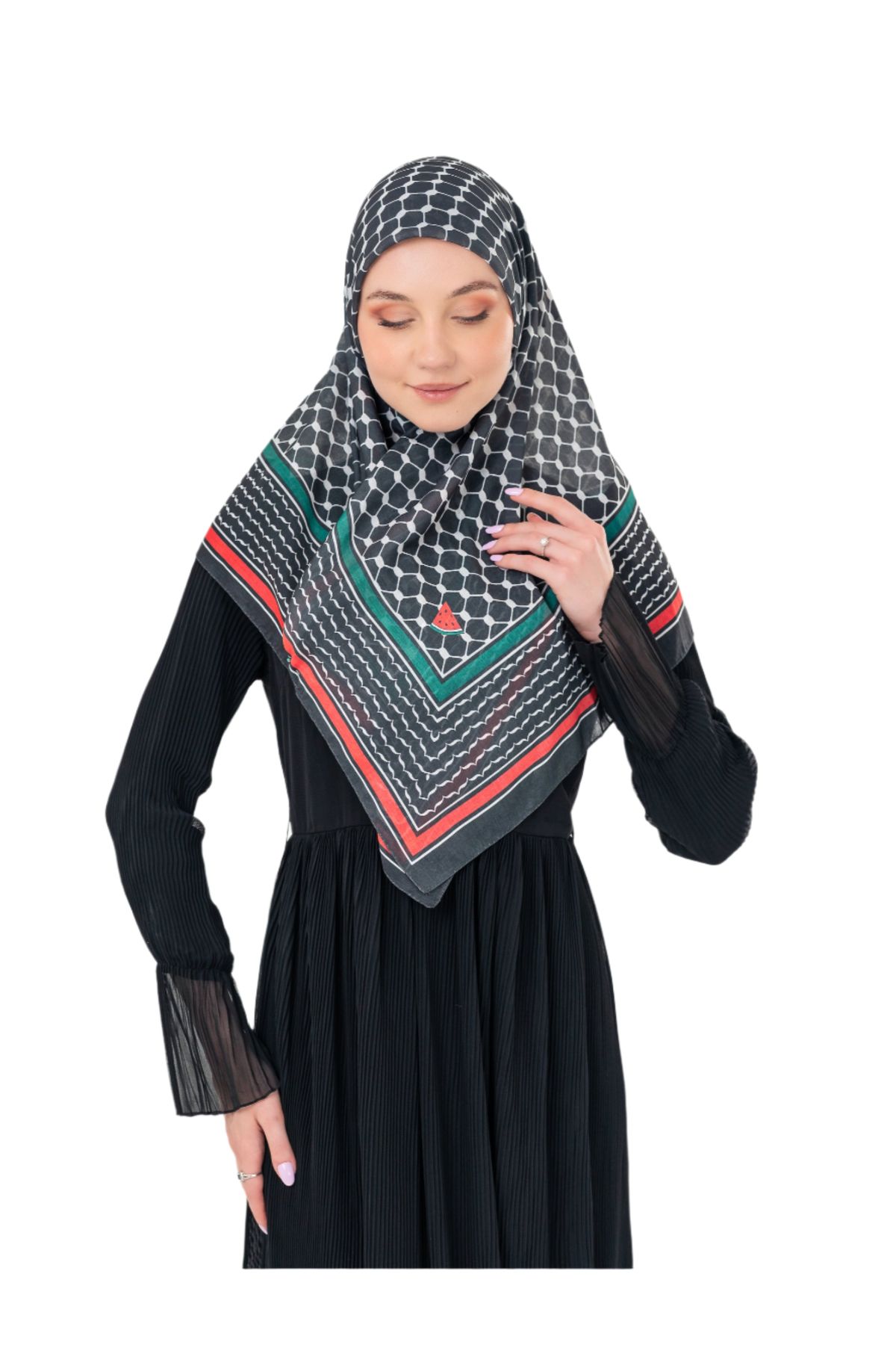 Zaytoon Filistin Eşarp Kefiye Siyah Rengi Bayrak Renkli Kareli Kadın Eşarp S100038