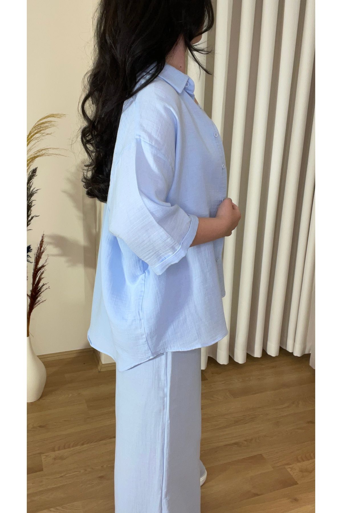 Aura Ella Kadın Oversize Gömlek Pantolon Takım – %100 Pamuk Müslin Kumaş