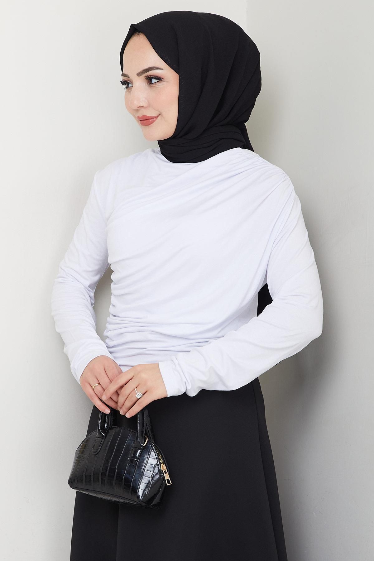 hafsamina Balıkçı Yaka Büzgü Detaylı Body Beyaz HM2694