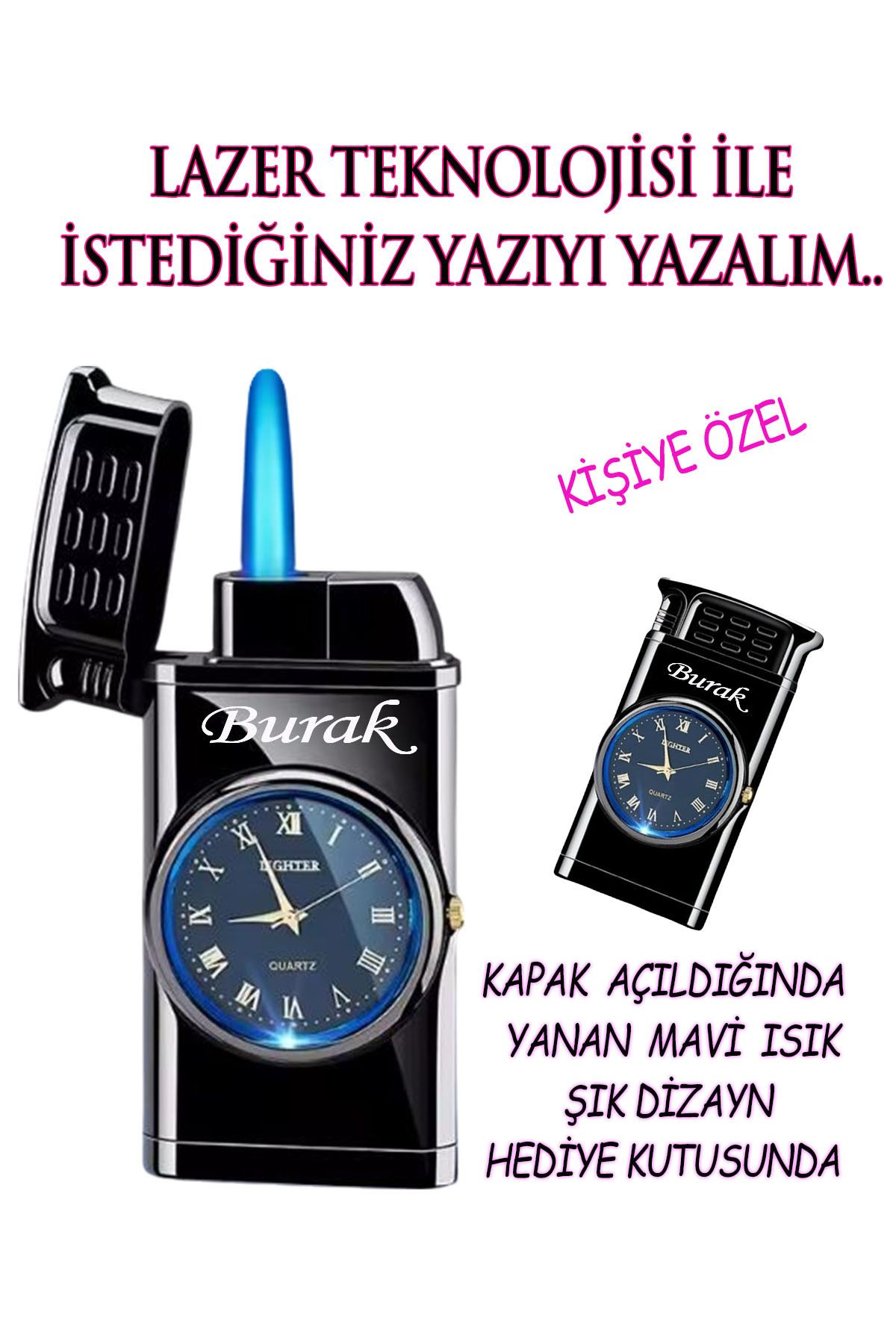 SOFT Kişiye Özel Çakmak Işıklı Saatli Lazer İsim Baskılı