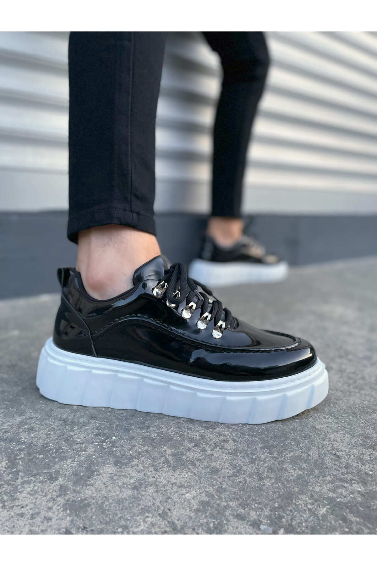 Zerenyus JY010 Premium Cloud Kalın Taban Erkek Sneaker - Siyah Beyaz Rugan
