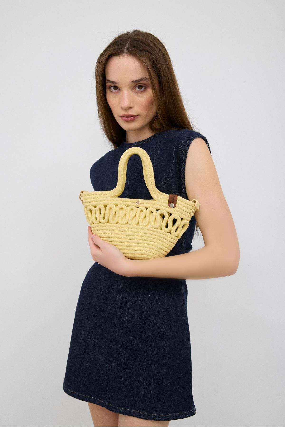 Shule Bags Ortega Sarı Handmade Mini Hasır Çapraz Çanta