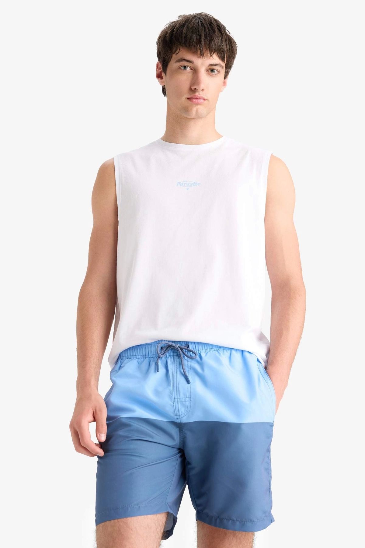 DeFacto-Z8108 Blue Regular Fit Color Block Mesh Lined Above Knee Swim Shorts 5