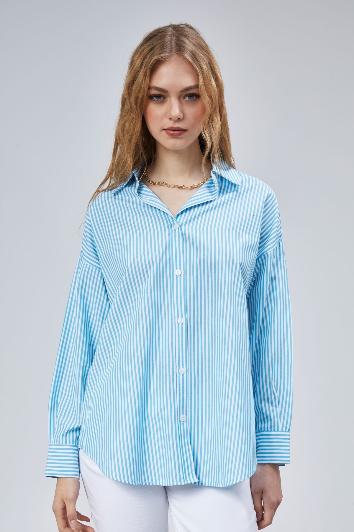 TF The Fancy For You Kadın Oversize Uzun Kollu Pamuklu Çizgili Gömlek