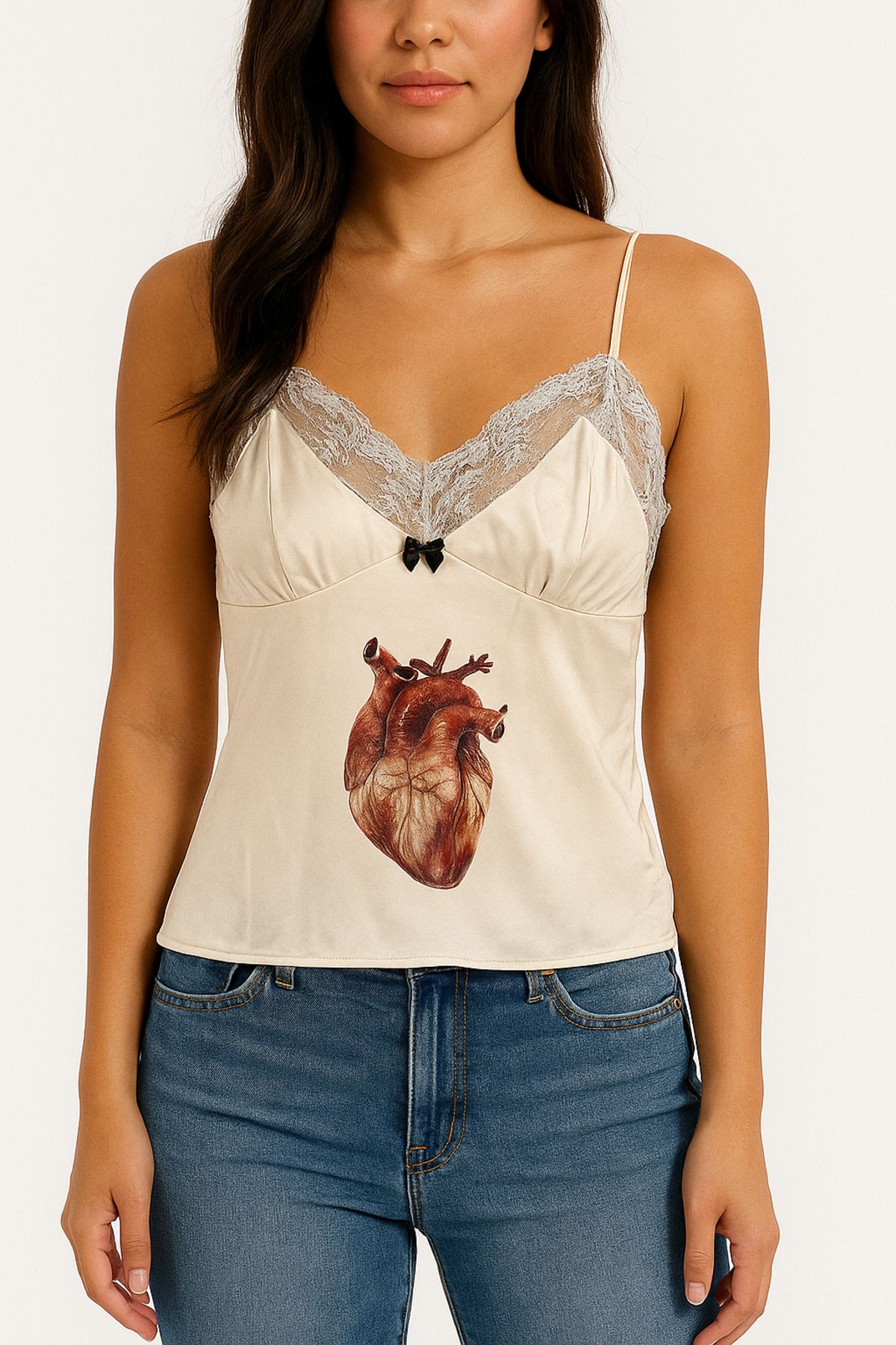 Karakedi Beyaz Dantel Yaka Detay Heart İnce Askı Body