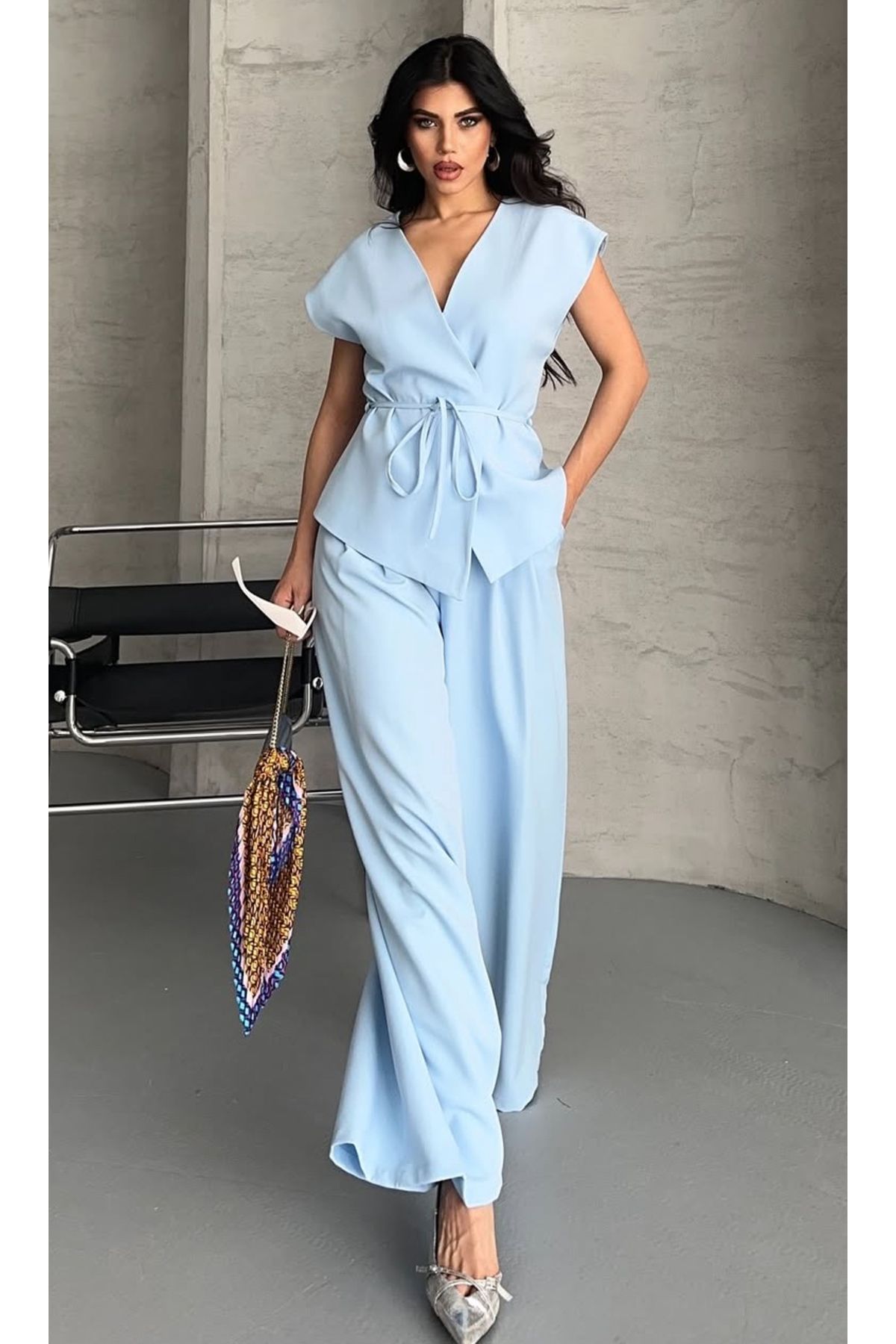 pembekurdelem Kadın Oversize Bağlamalı Yelek Pantolon Takım Bebe Mavi