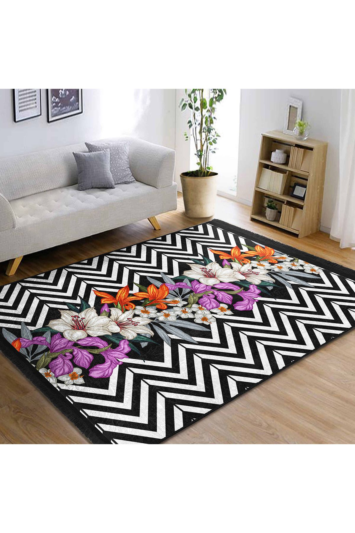 Realhomes Çiçek Desenli Modern Geometrik Yıkanabilir Kaymaz Taban Dikdörtgen Mutfak Halısı