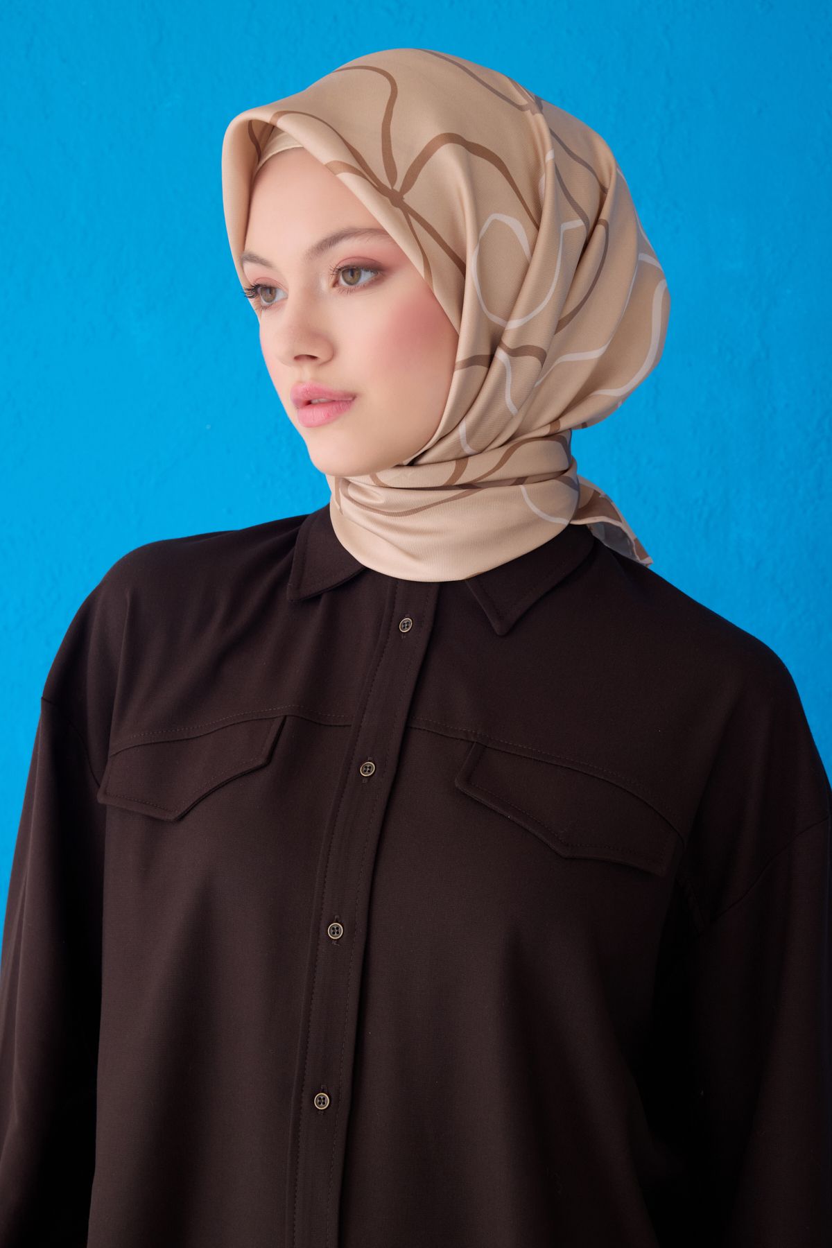 Belli Twill İpek Eşarp 4113D Çizgili Desen Bej-Çok Renkli-58