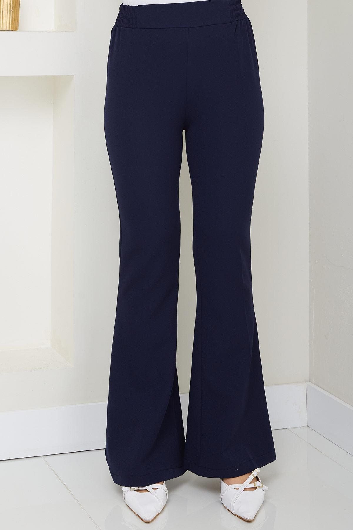 hafsamina Beli Lastikli İspanyol Paça Kumaş Pantolon Lacivert HM2781