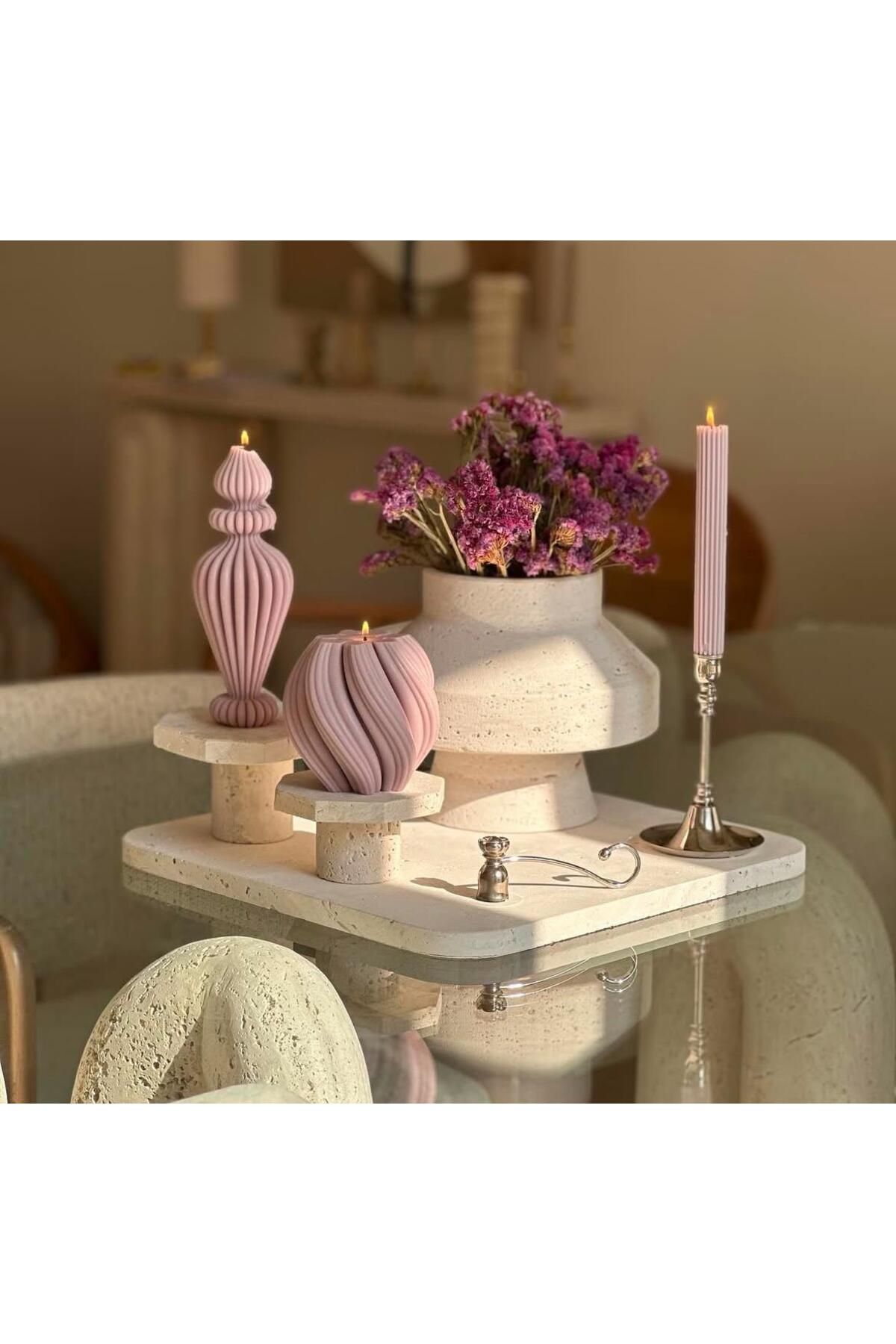 SCA CANDLE Dekoratif Mum Marako +Dalga +Çizgili Şamdan Mum Toplam 3 Parça
