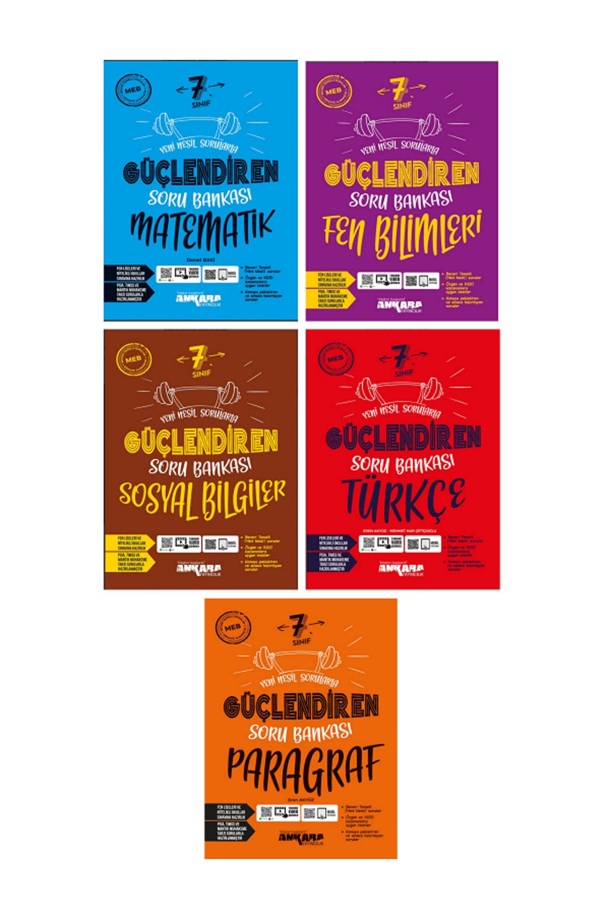 Evrensel İletişim Yayınları 7.Sınıf Ankara Güçlendiren Matematik + Fen + Türkçe + Sosyal + Paragraf Soru Bankaları / 5 KİTAP SET