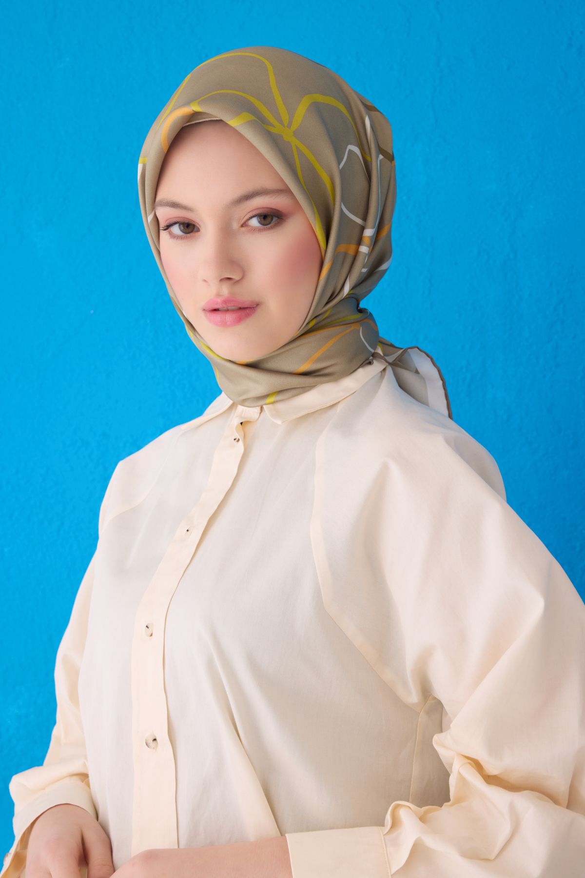 Belli Twill İpek Eşarp 4113D Çizgili Desen Çay Yeşili-Çok Renkli-34