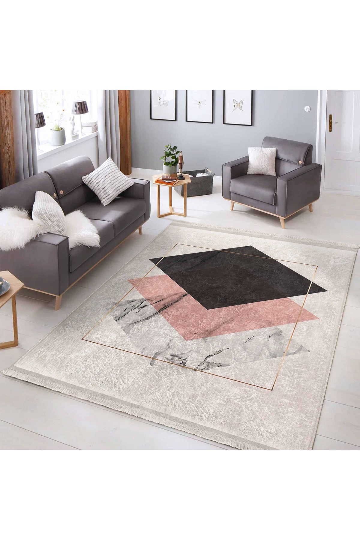Realhomes Modern Geometrik Desenli Dikdörtgen Salon Halısı | Yıkanabilir Kaymaz Tabanlı Mutfak Halısı