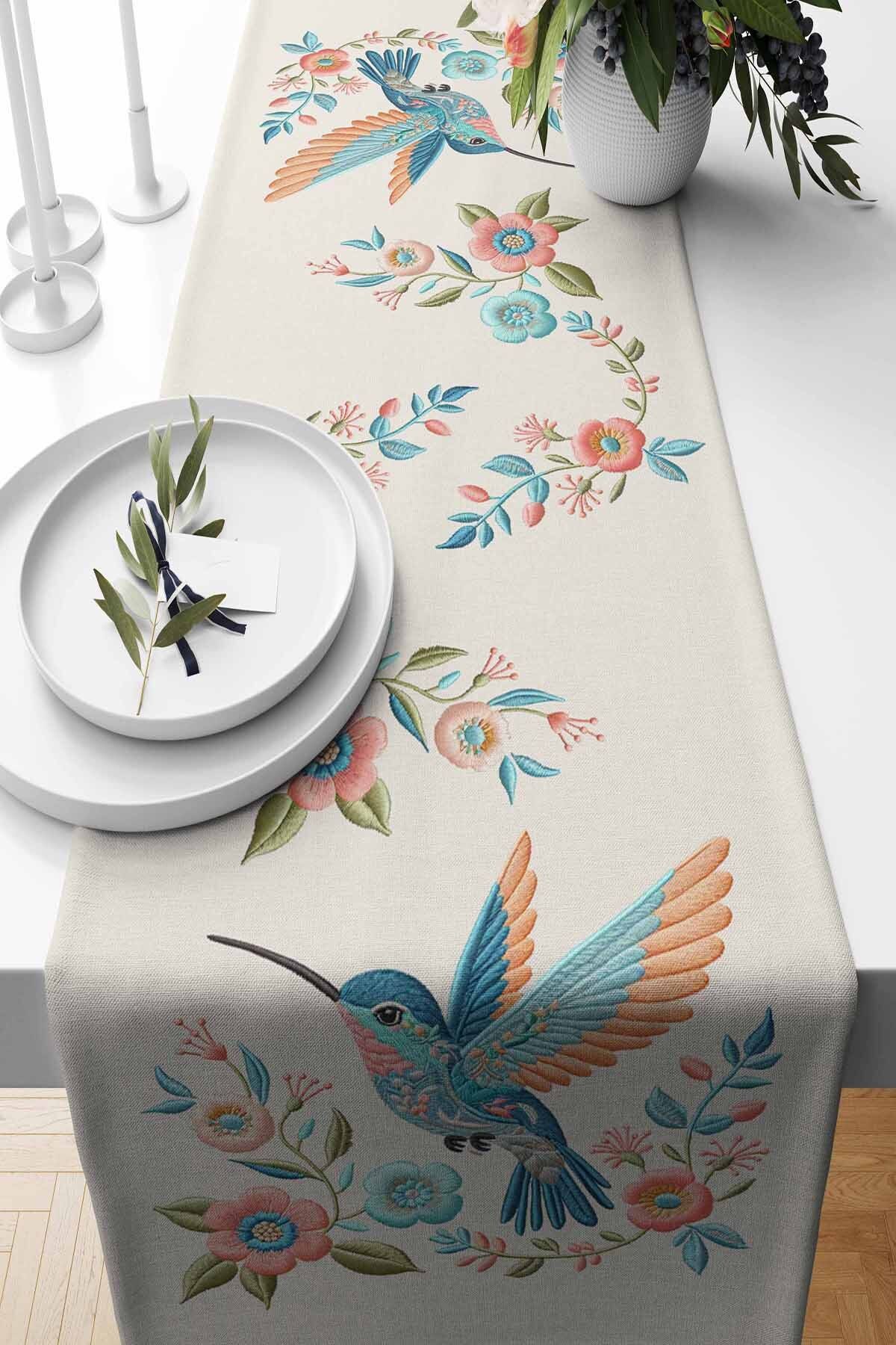 Pilloveland Runner Kuş Nakışı Desenli Süet Dokuma 140*40 Cm