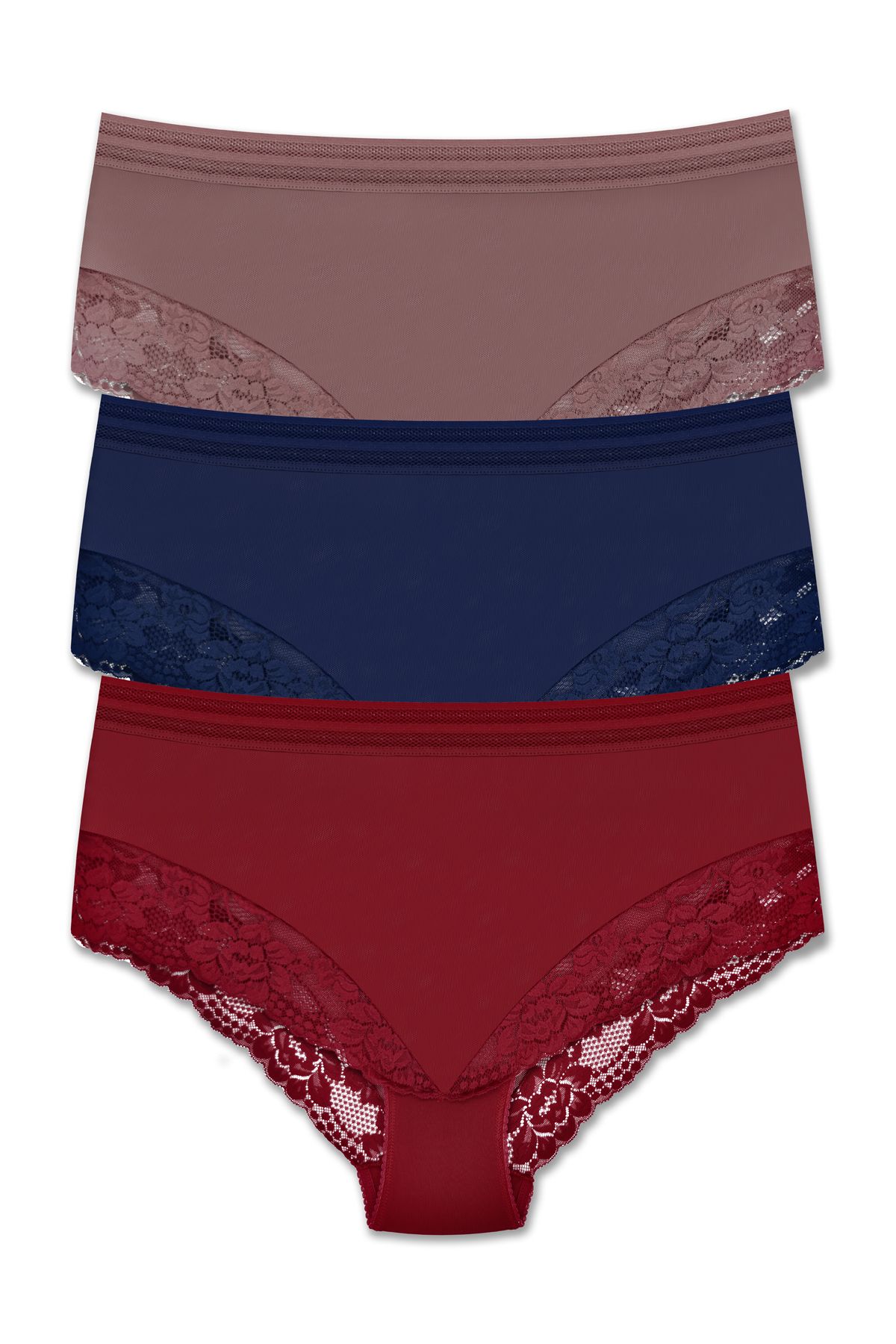ZENA UNDERWEAR 3'lü Tül ve Dantel Detaylı Lastikli Yüksek Bel Büyük Beden Kadın Külot