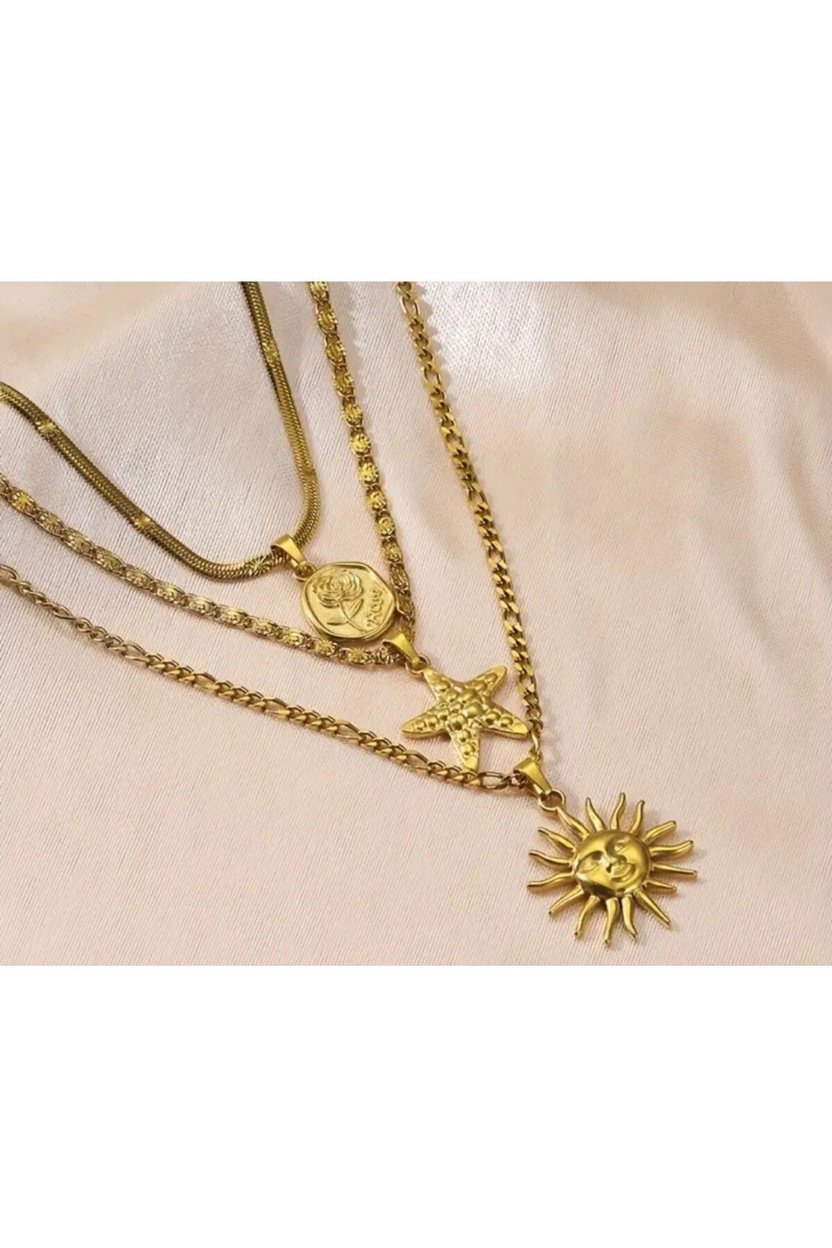 Butik Kolye 3 lü gold güneş yıldız gül model çelik