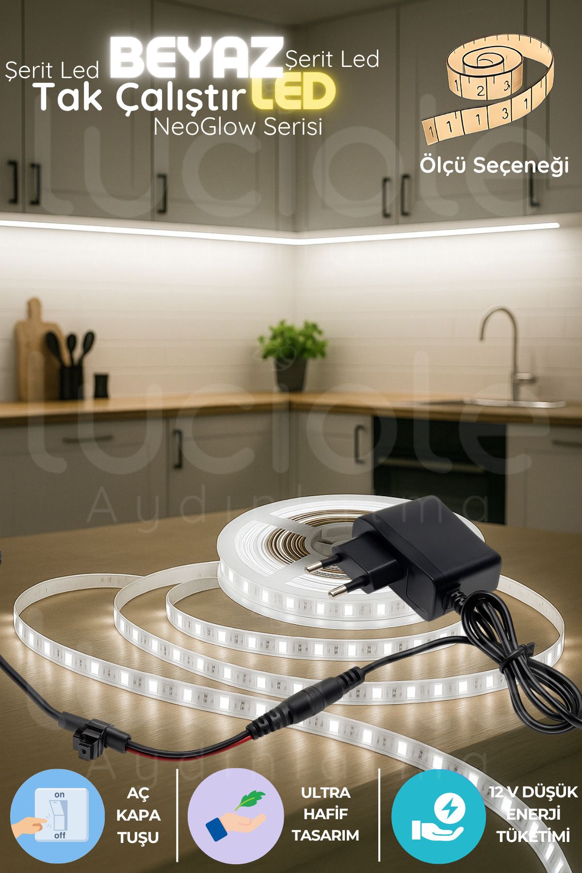 luciole 1 Metre NeoGlow LED Işık Şeridi – 12V Tak Çalıştır Fişli 60 Çipli Beyaz Aydınlatma Bandı Seti