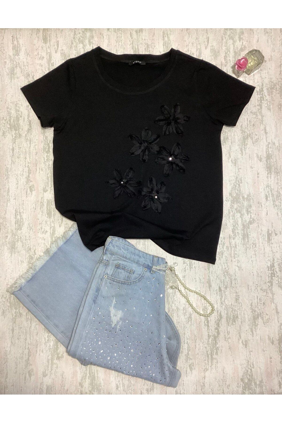 Wiges Kadın Bisiklet Yaka Çiçek Desenli Likralı Özel Tasarım T-shirt