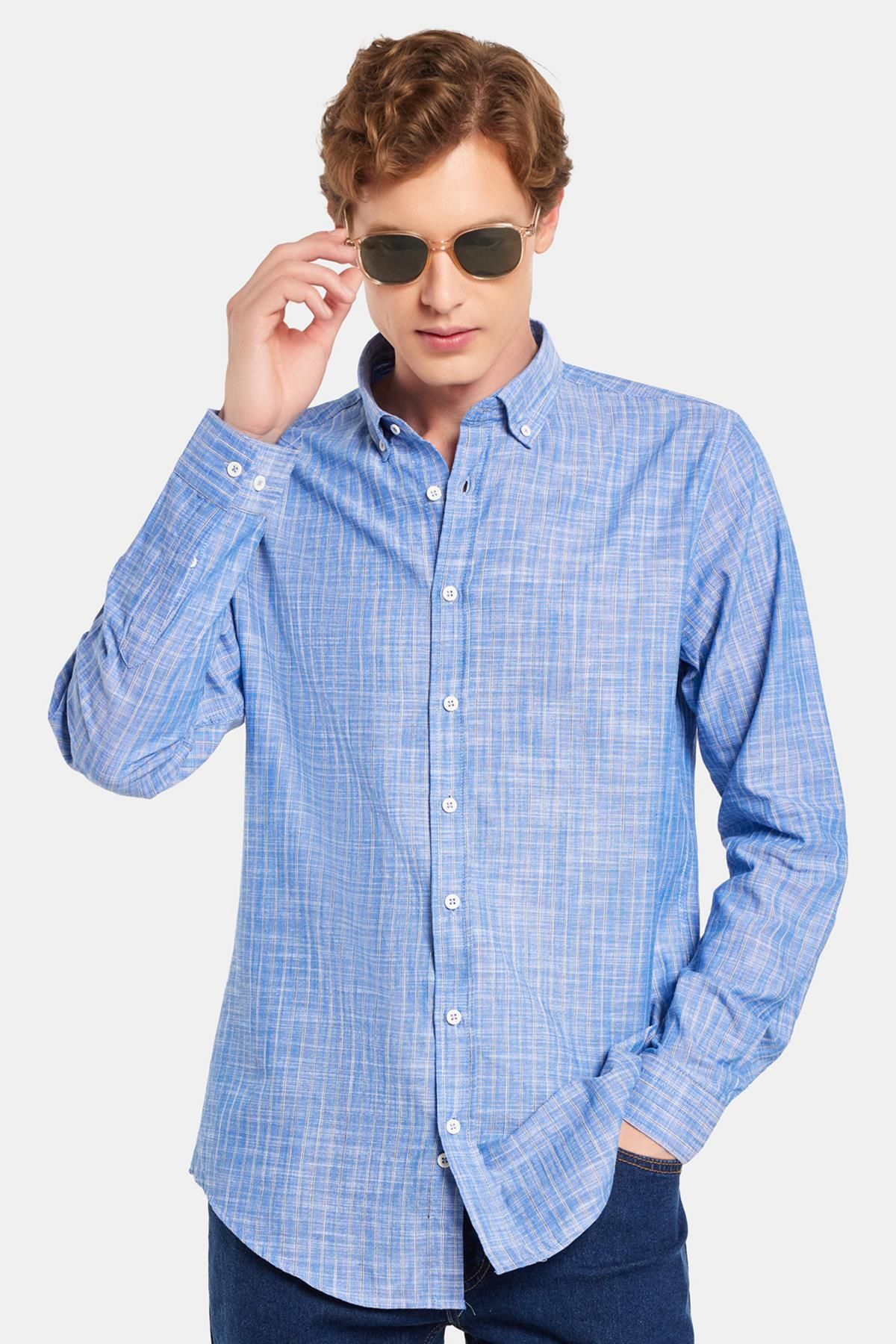 Tudors Erkek Slim Fit Dar Kesim Düğmeli Spor Yaka Keten Efekt %100 Pamuk Çizgili Yazlık Lacivert Gömlek