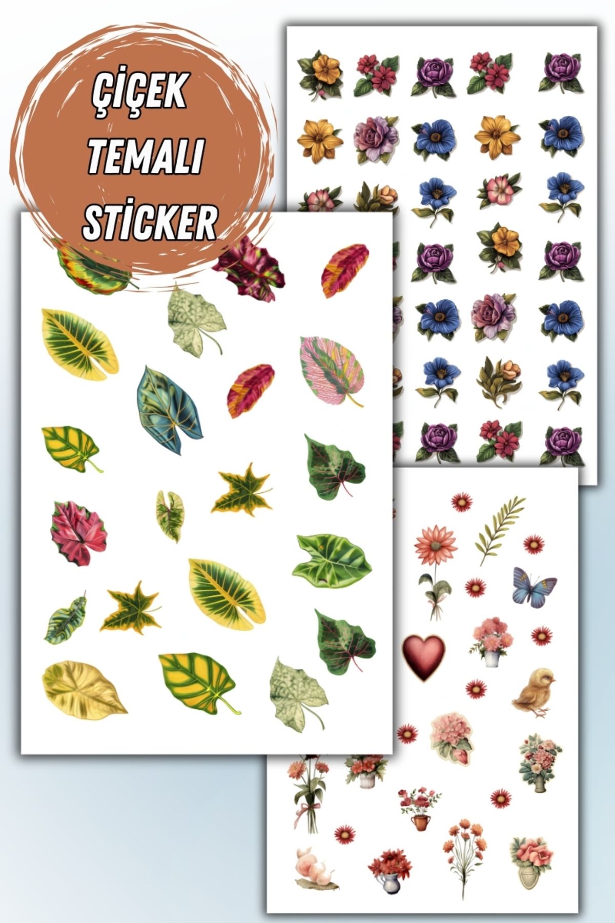 teknotrust Çiçek ve yaprak temalı 3'lü sticker seti, planlayıcı ve ajanda uyumlu