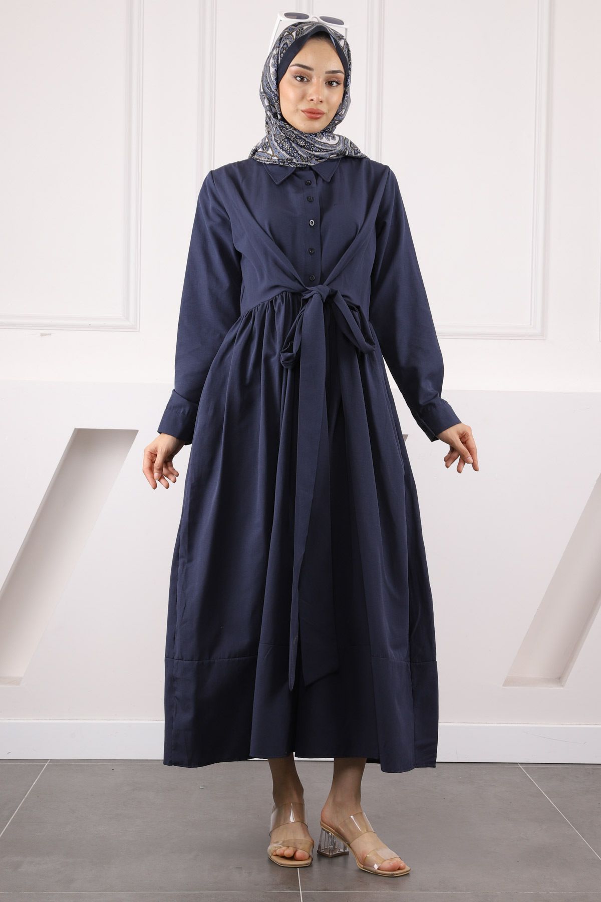 İmajButik Lacivert Bel Kuşaklı Elbise