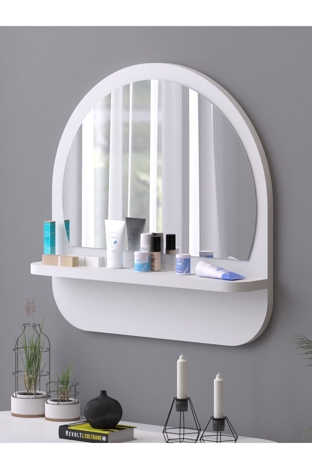 Elioure Beyaz Oval 45 cm Çok Amaçlı Renkli Duvar Rafı ve Aynası