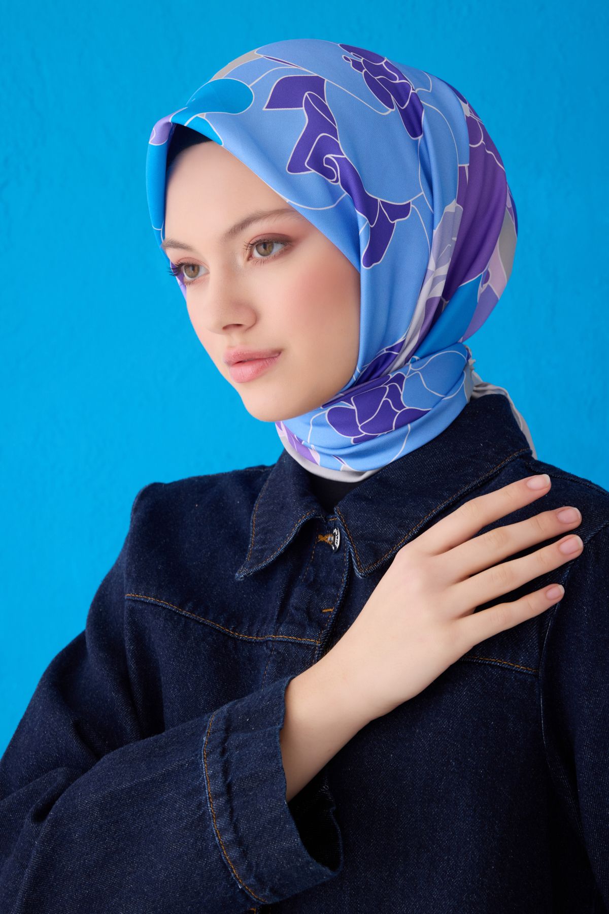 Belli Twill İpek Eşarp 4127D Çiçekli Desen Bebe Mavisi-Mor-36