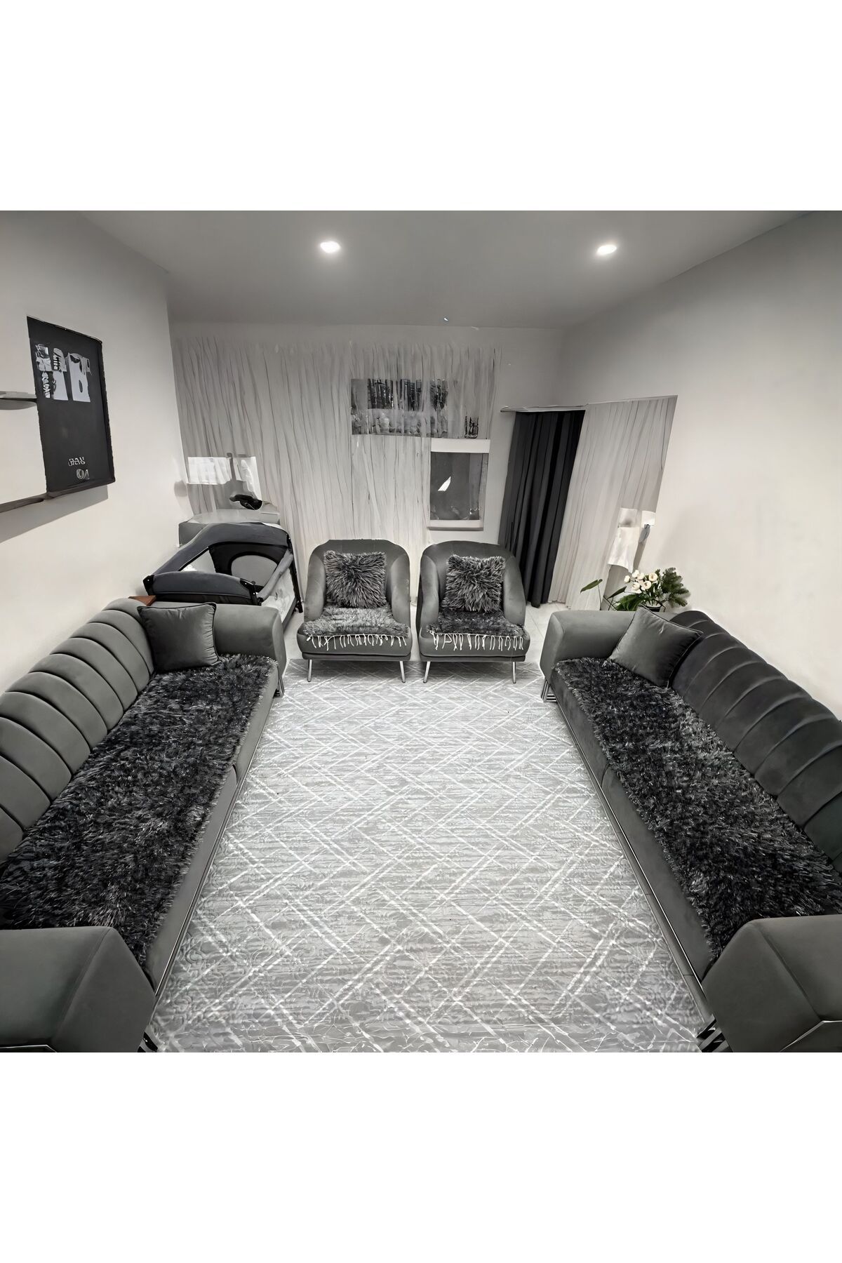 mdhomecarpet Şık El Yapımı Koltuk Örtüsü Takımı 4 Parça | Çift Yüzlü Dokuma Peluş Yıkanabilir Örtü