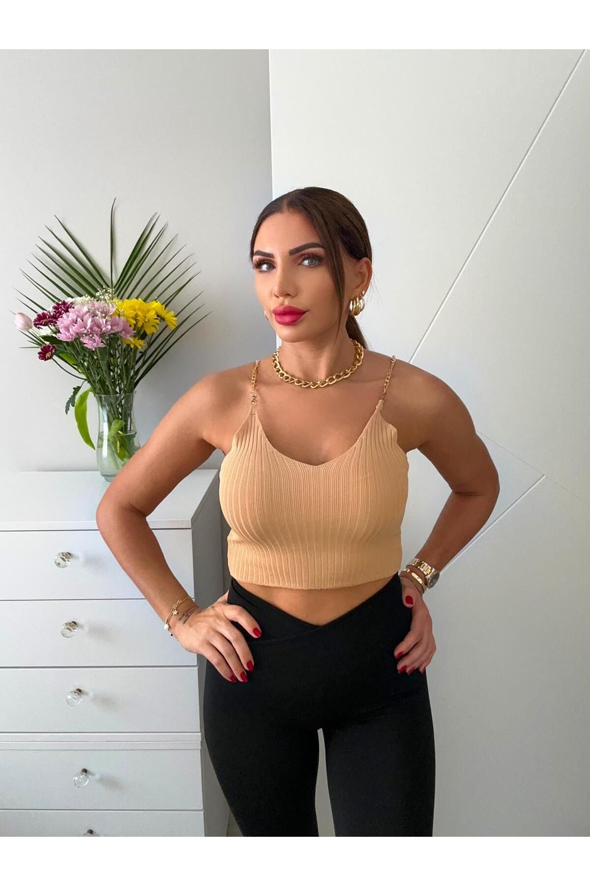 sterktekstil Kadın Zincir Askılı Düz Renkli Crop T-Shirt
