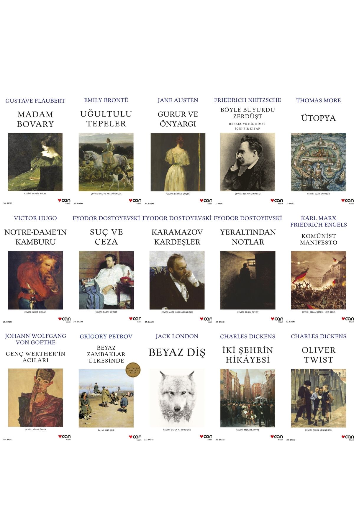 Can Yayınları Popüler 15 Klasik Kitap Seti Dostoyevski - Dickens - Nietzsche - Austen - London - Hugo