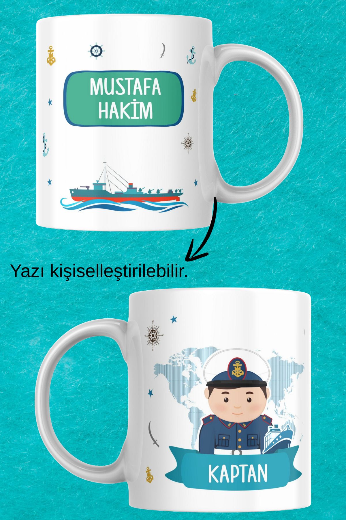 zerhome Kaptan Temalı Beyaz Porselen Beyaz Kupa Bardak