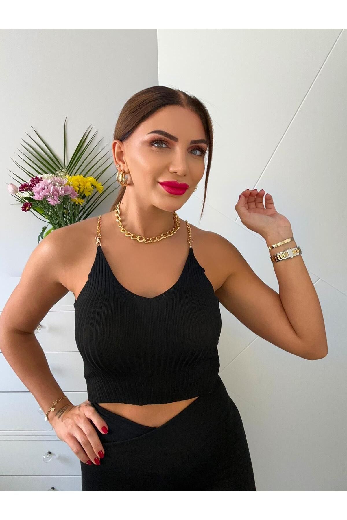 sterktekstil Kadın Zincir Askılı Düz Renkli Crop T-Shirt