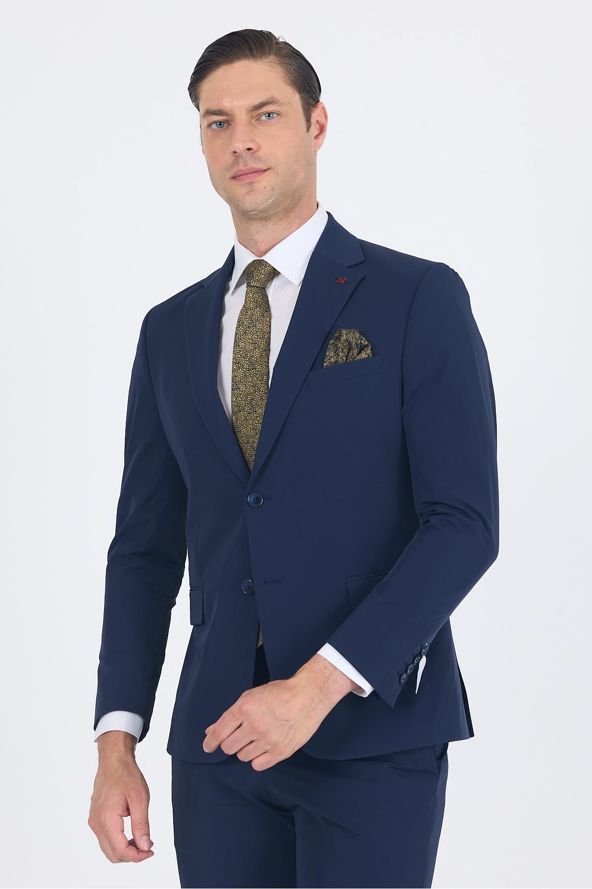 İmza Erkek Lacivert Mono Yaka 6 Drop Slim Fit Beli Lastikli Takım Elbise 1001250121 görsel 3