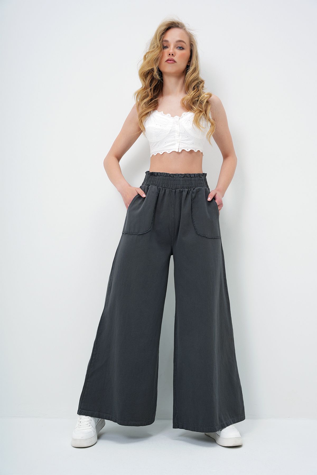 MODA Kadın Antrasit Beli Gipeli Çift Cepli Bol Paça Gabardin Pantolon ALC-X13949