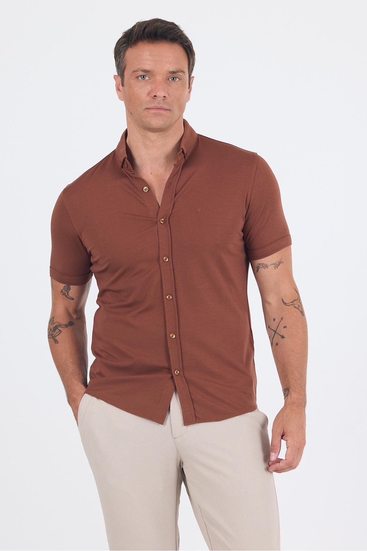 İmza Kiremit italyan Düğmeli Yaka Kısa Kol Cepsiz Slim Fit Gömlek 1004250255