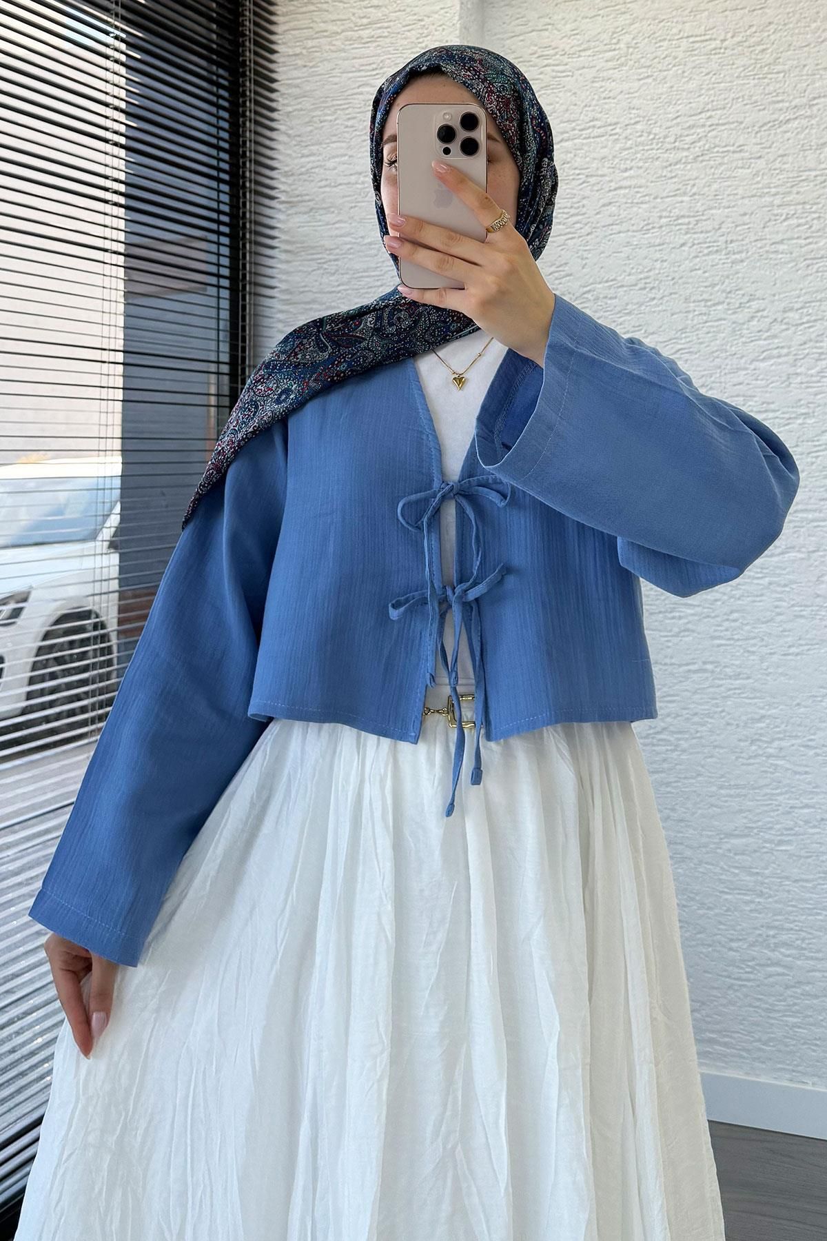 MELEK ARAZ Önden Bağlamalı Kısa Müslin Kimono - İndigo
