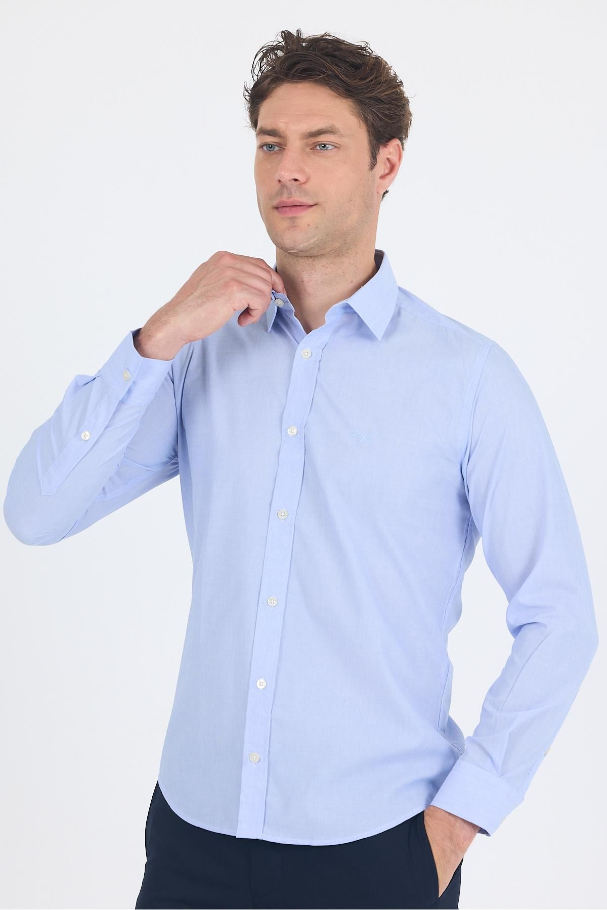 İmza-Cămașă albastră cu mânecă lungă Filafil Model Filafil Guler dur fără buzunar Bumbac Basic Slim Fit 1004250008_304 3